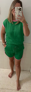 Green Trim Cable Textured Shorts Set